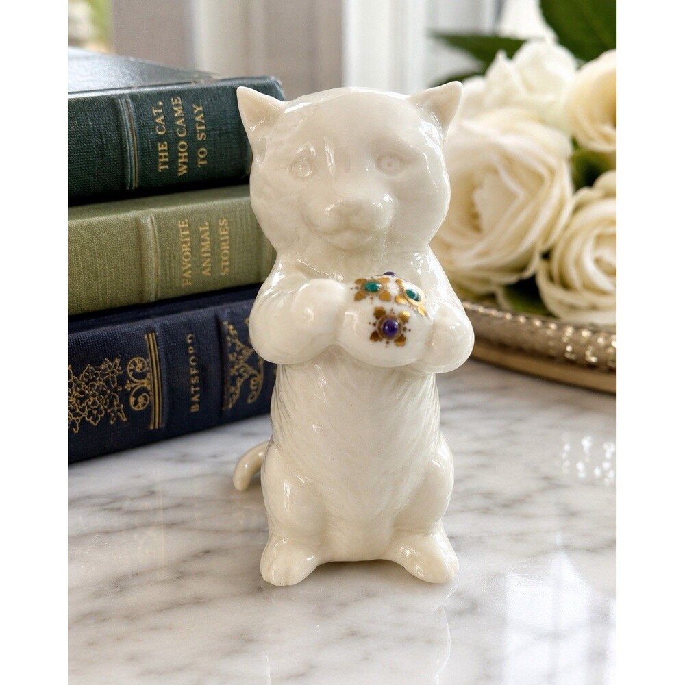 Lenox Laurels White Cat Figurine Holding Floral Ball Fine Porcelain Collectible